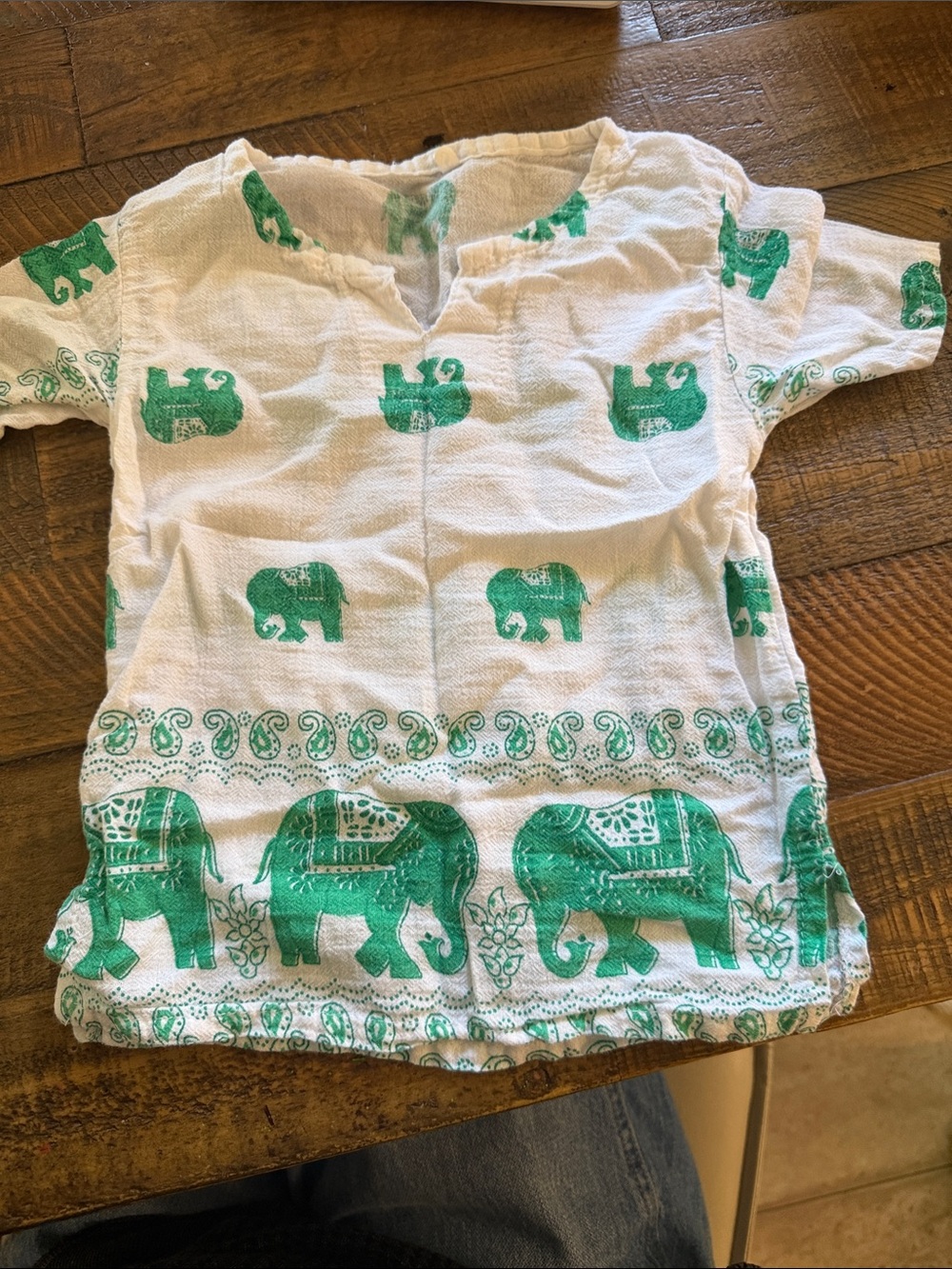 Kids cotton White Top with Green Elephant Print